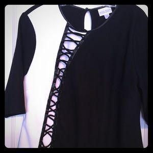 Black and white leather accent lace detail top